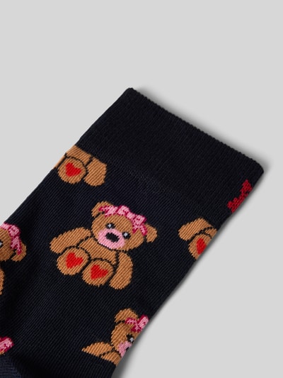 Produktfoto, Socken aus Baumwoll-Mix Modell 'TEDDY' von Happy Socks, dunkelblau mit buntem Teddy-Muster, elastisches Rippenbündchen, Label-Detail