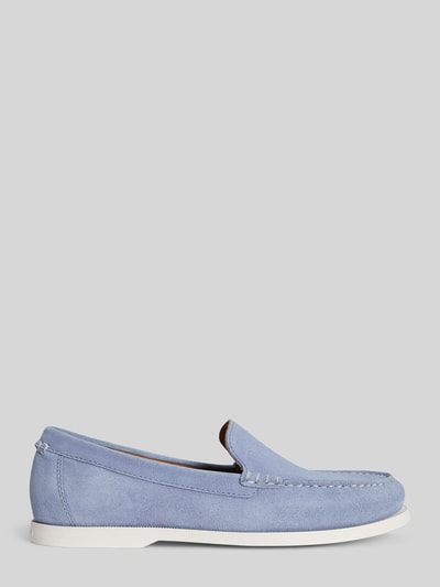 Produktfoto, Loafer aus echtem Leder von Polo Ralph Lauren, jasnoniebieski, jednolity kolor, zaokrąglony nosek, blokowy obcas, logo, zamsz, skóra naturalna, strukturyzowana podeszwa