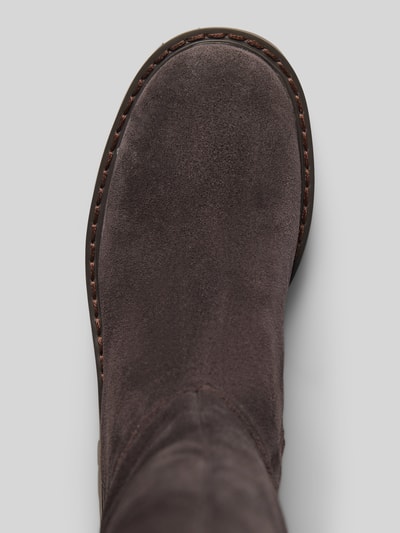 Productfoto, Stiefel aus echtem Leder Modell 'ASHER' van MICHAEL Michael Kors, donkerbruine kleur, afgeronde vorm, suède textuur, profielzool, Dames, ritssluiting, asymmetrische schacht, hakhoogte 5 cm, schachthoogte 47 cm, schachtbreedte 20 cm