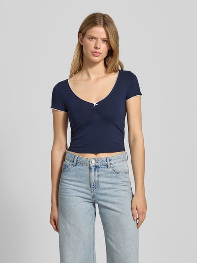 Review Kort T-shirt met V-hals Marineblauw - 4