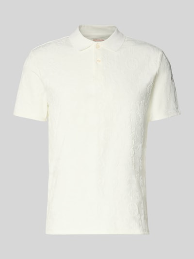 Produktfoto, Slim Fit Poloshirt in tonalem Allover-Look von Guess, cremefarben, aus Material-Mix mit Stretch-Anteil, Polokragen, Knopfleiste, Rückenlänge 68 cm bei Größe M.
