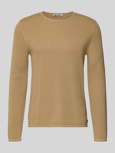 Produktfoto, Basic Strickpullover mit Rundhalsausschnitt und Rollkanten von Review, Herren, Reine Baumwolle, Regular-Fit, sandfarben, feine Struktur.