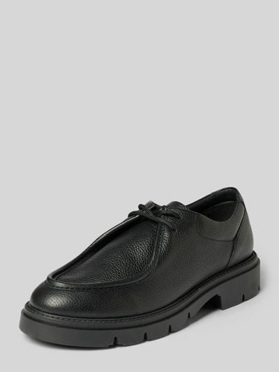 Produktfoto, schwarze Schnürschuhe aus Leder Modell 'GUNTER' von Antony Morato mit profilierter Sohle, abgerundeter Spitze und strukturierter Oberfläche, Absatzhöhe 4 cm, Schafthöhe 8 cm, Schaftweite 11 cm
