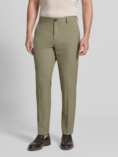 Mannenmodel draagt Slim Fit pantalon met viscose Model 'LIAM' van SELECTED HOMME in melangelook, met persplooien, knoop- en ritssluiting, steekzakken, materiaalmix popeline, voorkant volledig in beeld, geheellichaamsaanzicht van voren.