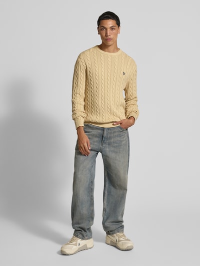 REVIEW Slim Fit Strickpullover mit Zopfmuster Beige 1