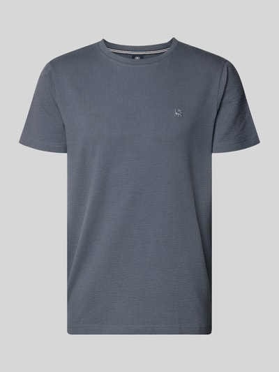 Produktfoto, T-Shirt mit Strukturmuster und Logo-Stitching von Lerros, Herren T-Shirt aus Baumwoll-Mix mit Stretch-Anteil, Regular-Fit, Rundhalsausschnitt, dezentes Strukturmuster in Blau, Rückenlänge bei Größe M 75 cm