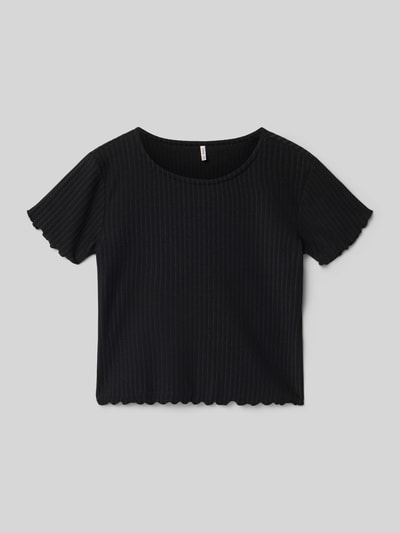 Produktfoto, zwart Regular Fit T-Shirt met viscosemix van Only, model 'KONELLA', effen, korte frillmouwen, stretch geweven textuur