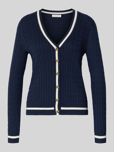 Produktfoto, donkerblauwe 'Strickjacke mit V-Ausschnitt' van Christian Berg Woman, katoenmix, regular fit, geribbelde boorden, knopenlijst, lange mouwen