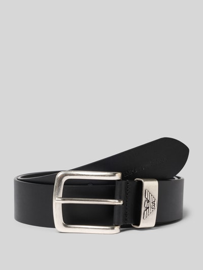 Produktfoto, Gürtel aus echtem Leder mit Logo-Detail von Emporio Armani in Schwarz, matte Textur, silberne Dornschließe, Logo-Prägung, Breite 4 cm
