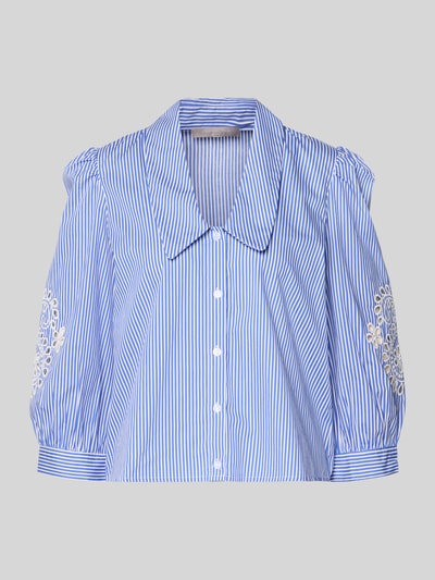 Produktfoto, Cropped Bluse mit Lochstickerei und 3/4-Arm van Christian Berg Woman Selection, puur katoen, overhemdkraag, ajourwerk, kort, blauw met witte strepen