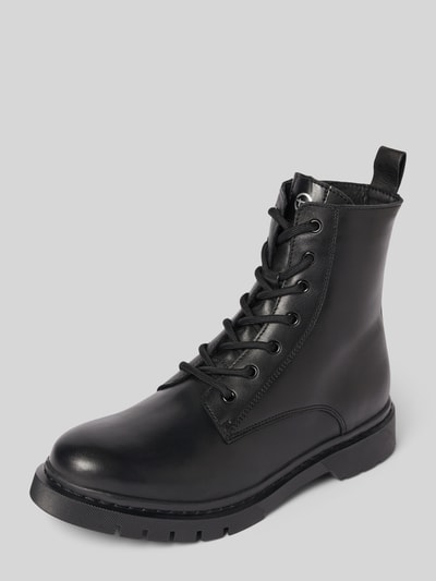 Produktfoto, Schnürstiefel aus echtem Rindsleder von Tamaris, unifarben schwarz, runde Spitze, Blockabsatz, Veloursleder, strukturierte Sohle