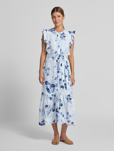 monari midi-jurk van mix van linnen en viscose in all-over look Lichtblauw gemêleerd - 4