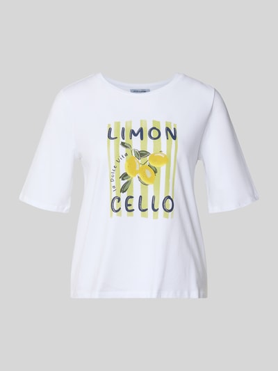 Produktfoto, T-shirt met motiefprint van More & More in wit en geel, mix van katoen en elastaan, regular fit, ronde hals, ruglengte maat 36: 56 cm