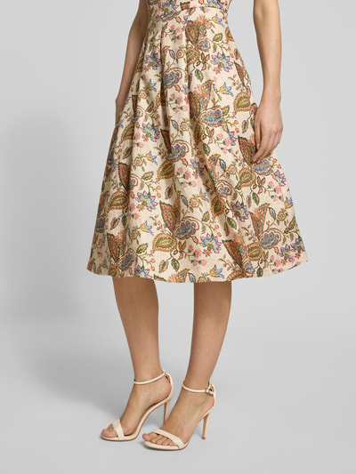 Frauenmodel trägt Midikleid aus Leinen im Allover-Look von WHITE LABEL, A-Linie, Rundhalsausschnitt, Ganzkörperansicht von vorne.