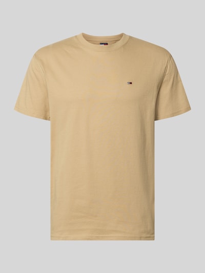 Produktfoto, Regular Fit T-Shirt aus reiner Baumwolle von Tommy Jeans in Uni-Beige, Logo-Stitching, Rundhals, kurzarm, Jersey-Struktur