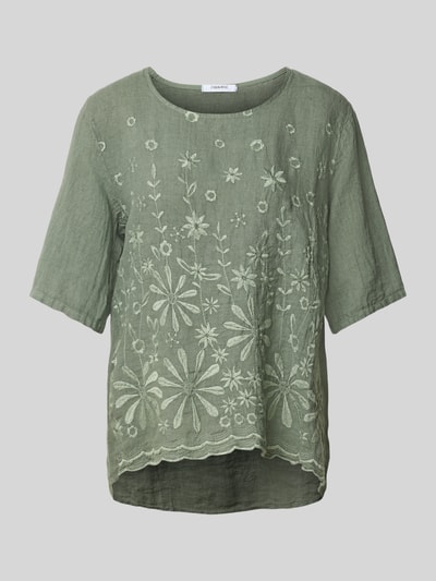 Produktfoto, bluzka lniana Regular Fit Leinenbluse mit Stitchings Model 'La44ura' od ZABAIONE, czysty len, krój regular fit, hafty, okrągły dekolt, długość tyłu w rozmiarze S: 71 cm, długość rękawów w rozmiarze S: 32 cm, zielony, kwiatowy wzór, lekka tekstura