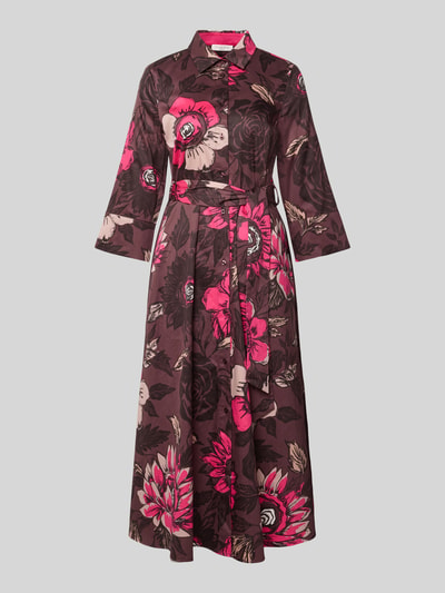 Produktfoto, Midikleid aus reiner Baumwolle von Christian Berg Woman mit floralem Allover-Print in Pink und Braun, taillierte Passform, Umlegekragen, integriertes Taillenband, 1/2-Arm, glatte Stoffstruktur, Damenmode.