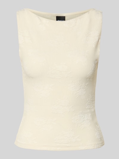 Produktfoto, Slim Fit Top mit floralem Allover-Stitching Modell 'Jacquard' von Gina Tricot, elastyczna mieszanka materiałów, krój slim fit, długość tyłu w rozmiarze S: 47 cm