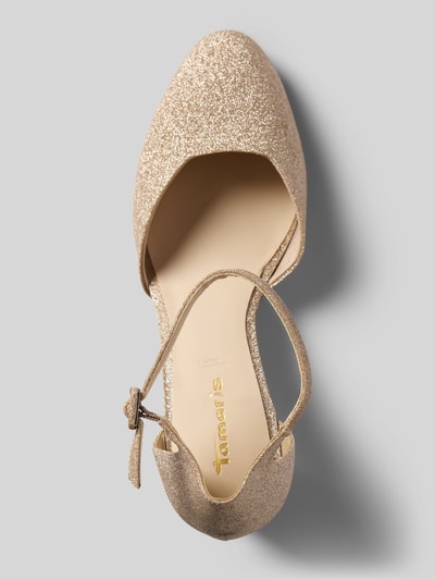 Productfoto, Pumps im schimmernden Design van Tamaris in goud met puntige neus, riempje met gesp, gladde zool en blokhak, maat 40, schacht 8 cm, schachtwijdte 13 cm, hakhoogte 7 cm