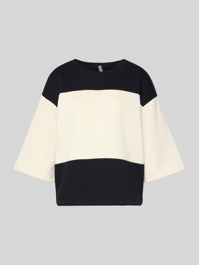 Produktfoto, locker geschnittenes Sweatshirt mit geripptem Rundhalsausschnitt Modell 'ANGELIN' von Soyaconcept, Farbe Schwarz-Creme, 3/4-Ärmel, Damen Baumwoll-Mix.