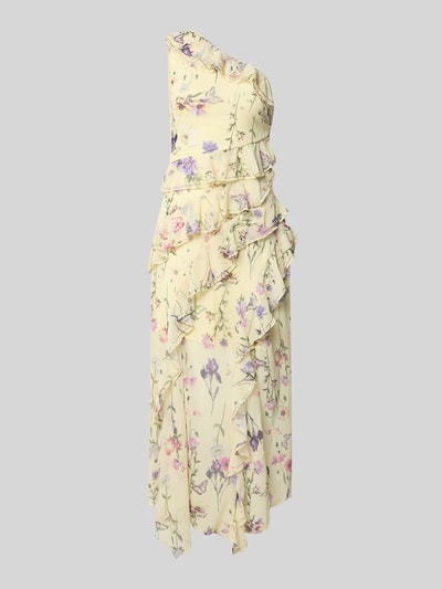 Produktfoto, Midikleid mit Rüschenbesatz von Lipsy im semitransparenten One-Shoulder-Design, floral gemustert, tailliert, mit Ziersteinen.