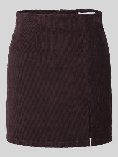 Productfoto, donkerbruine geribbelde structuur, rechte vorm, lichte split, K̂örpernaher Mini-Rock aus katoenmix model 'LULA' van VERO MODA, Dames Mini-Rok