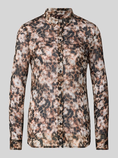 Produktfoto, Regular Fit Bluse im Allover-Look Modell 'CLOUIS SHIRT' von Guess, krój regular fit, kołnierzyk koszulowy, zapięcie na guziki, długość tyłu w rozmiarze S: 69 cm, długość rękawa w rozmiarze S: 59 cm, wzór brązowo-czarno-biały, półprzezroczysta tekstura