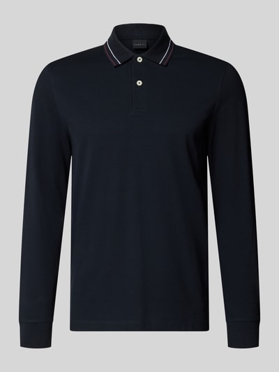 Produktfoto, Regular Fit Langarm-Poloshirt mit Knopfleiste von bugatti in Dunkelblau, reine Baumwolle, Polokragen mit Kontraststreifen