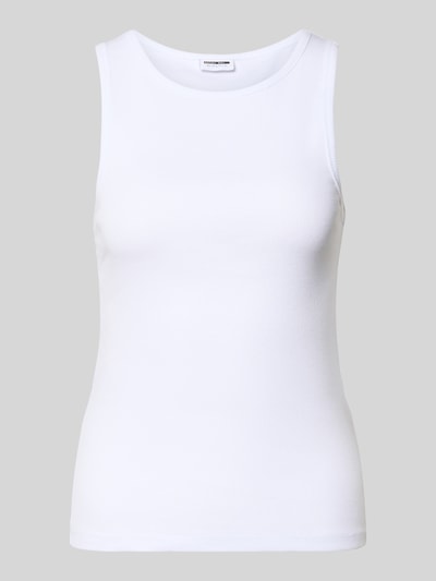 Produktfoto, weißes Damen Tanktop in Ripp-Optik Modell 'MAYA' von Noisy May aus Baumwoll-Elasthan-Mix, Regular-Fit, Rundhalsausschnitt