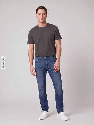 Männermodel trägt T-Shirt mit Rundhalsausschnitt von Christian Berg Men in Grau, gerade Passform, kurzärmelig, Ganzkörperansicht von vorne, KI-modifiziertes Bild.