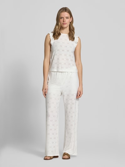 Frauenmodel trägt Regular Fit Weite Hose mit Tunnelzug Modell 'SMILLA' von Only, unifarbenes Allover-Muster, Stretch, Ganzkörperansicht von vorne.