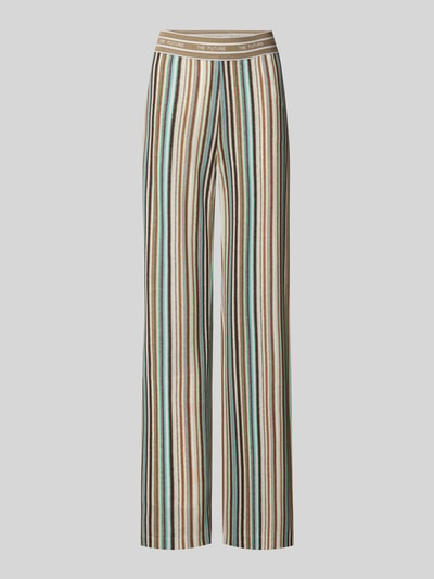 Produktfoto, Straight Fit Stoffhose mit Viskose-Anteil Modell 'Allison' von Cambio im Modal-Mix, Strick-Optik, elastischer Bund, Statement-Stitching, gestreiftes Design in Beige, Grün, Braun und Blau auf hellem Hintergrund, Bundweite 39 cm, Innenbeinlänge 79 cm bei Größe 36.
