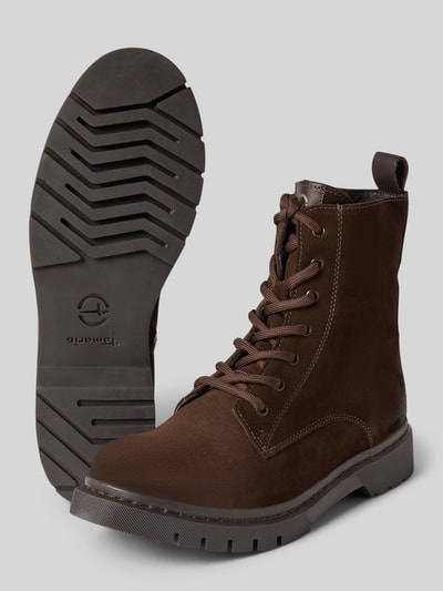Productfoto, donkerbruine Schnürstiefel aus echtem Leder van Tamaris, grove profielzool, matte en gladde texturen, Dames