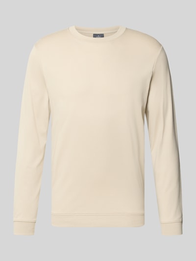 Produktfoto, cremefarbenes Regular Fit Longsleeve aus reiner Baumwolle Modell 'Pima' von RAGMAN, Rundhalsausschnitt, glatte Textur, Rückenlänge 69 cm bei Größe M