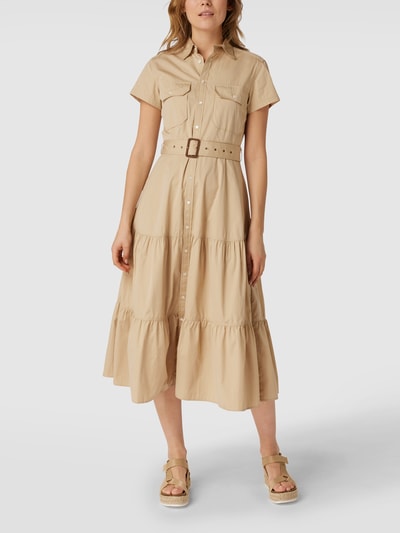 Polo Ralph Lauren Długa sukienka z krótkim rękawem i paskiem w talii Piaskowy 4