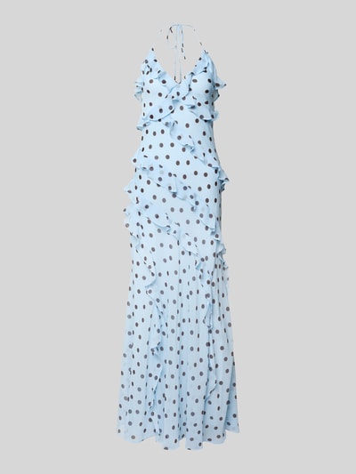 Produktfoto, Maxikleid mit Volants Modell 'Kimberley' von Forever New aus hellblauem Chiffon mit schwarzen Punkten, A-Linie, Damen, Rückenlänge 150 cm, Brustweite 36 cm bei Größe 36.