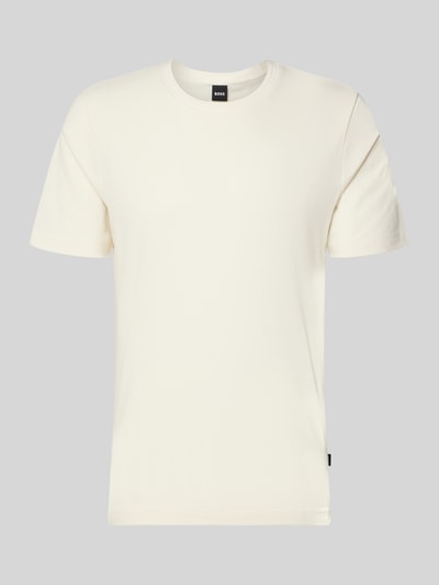 Produktfoto, cremefarbenes Regular Fit T-Shirt aus Baumwoll-Mix Modell 'TIBURT 240' von BOSS vor grauem Hintergrund, Herren T-Shirt