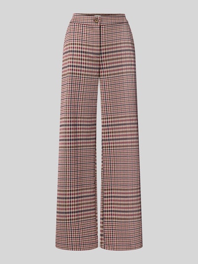 Produktfoto, Wide Fit Hose mit Viskose-Anteil Modell 'Kate' von ICHI, Karo-Muster in Beige, Rot und Schwarz, elastischer Material-Mix, Eingrifftaschen, Knopf- und Reißverschluss, strukturierte Textur
