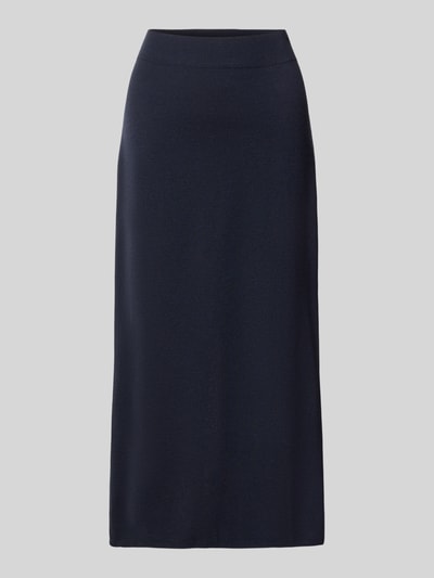 Produktfoto, Ausgestellter Midi-Rock aus reiner Schurwolle Modell 'Sonni' von MM by Max Mara in donkerblauw, dames midi rok, zuivere scheerwol, uitlopende pasvorm, loopsplit, elastische band, bandwijdte maat S 38 cm, totale lengte maat S 87 cm