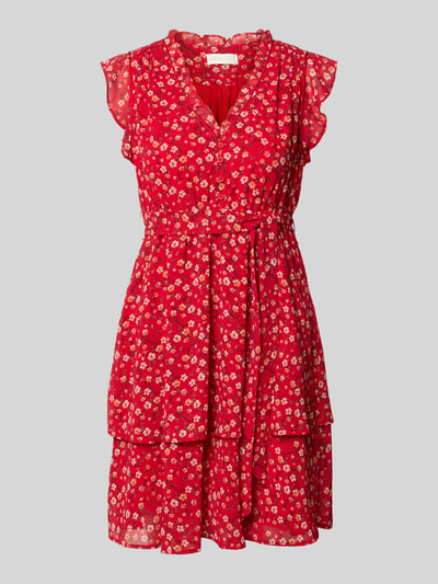 Produktfoto, Minikleid mit floralem Allover-Print von Apricot in Rot mit Rüschenbesatz, V-Ausschnitt, Taillierter Passform, abnehmbarem Taillenband, Ärmelloses-Design, Rückenlänge 87 cm, Brustweite 47 cm, Größe S