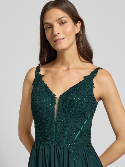 Luxuar Avondjurk met kant en siersteentjes Donkergroen - 3