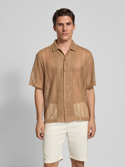 WOODBIRD Relaxed Fit Freizeithemd mit Pointelle-Muster Taupe 4