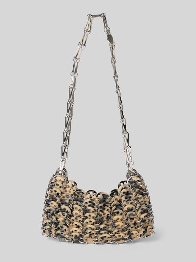 Produktfoto, Shoulder Bag in Ketten-Optik von Rabanne mit silbernem Ketten-Schulterriemen und offenem Hauptfach, beige-schwarz gemusterte Textur, Logo-Applikation innen, Maße ca. 20x11x3 cm.
