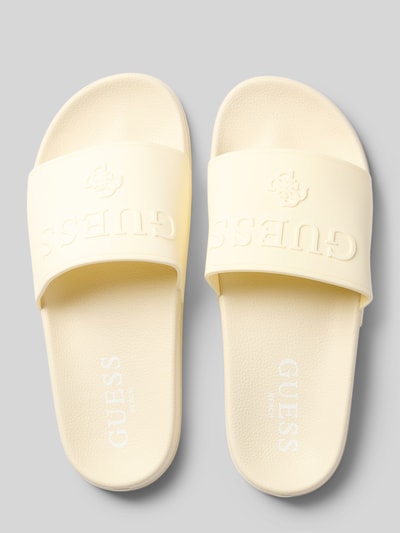 Productfoto, Sandalette met Logo van guess in lichtgeel met afgeronde punt, comfortmodel, rubberzool, hakhoogte maat 39/40: 3 cm