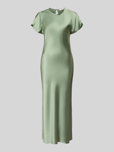 Produktfoto, Cocktailkleid mit Rundhalsausschnitt Modell 'Miley' von GUIDO MARIA KRETSCHMER WOMAN aus grünem Satin, körpernaher Schnitt, Midikleid, glatte Oberfläche, rückseitiger Schlüsselloch-Ausschnitt, Ärmel mit Schlitz, elegantes Design.