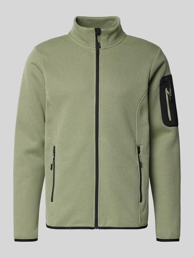 Produktfoto, Regular Fit Jacke mit Stehkragen Modell 'BREDSTEDT' von Icepeak, zieleń z czarnymi zamkami, wpuszczane kieszenie na zamek błyskawiczny, elastyczne wykończenia, długość tyłu w rozmiarze M: 69 cm, szerokość ramion w rozmiarze M: 43 cm, szerokość w rozmiarze M: 54 cm, długość rękawów w rozmiarze M: 67 cm