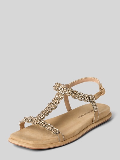 Produktfoto, Sandalen mit Strasssteinbesatz von ALMA EN PENA, beige Töne, abgerundete Form, dünne Riemen, glatte Sohle, funkelnde Textur