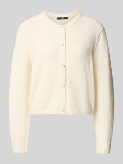 Produktfoto, Strickjacke mit Rundhalsausschnitt und Knopfleiste von Oui in Creme, weiche Textur, Regular Fit, Woll-Mix, glatte Knöpfe.