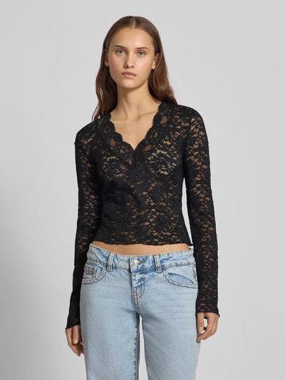 Only Bluzka o kroju slim fit z długim rękawem i efektem koronki model ‘NIKKA’ Czarny 4