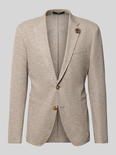 Produktfoto, Regular Fit Blazer mit floraler Applikation Modell 'Hoverest' von JOOP! Collection aus elastischem Baumwoll-Mix in Beige mit Strukturmuster, 2-Knopfleiste, Brusttasche, Reverskragen, aufgesetzten Taschen, Rückenlänge 73 cm, Schulterbreite 37 cm, Ärmellänge 67 cm.